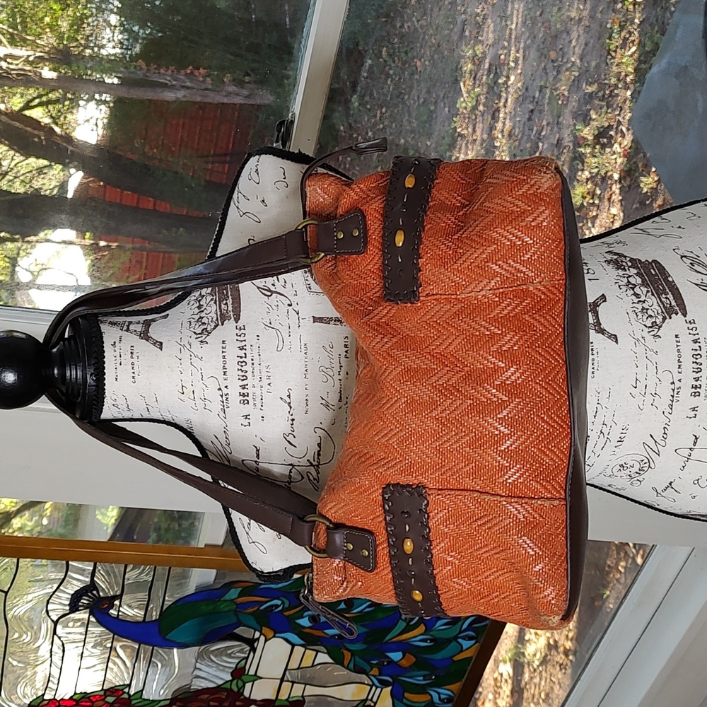 Relic Fossil Satchel Bag Purse Deep Orange and Brown Beaded Faux Leather Trim